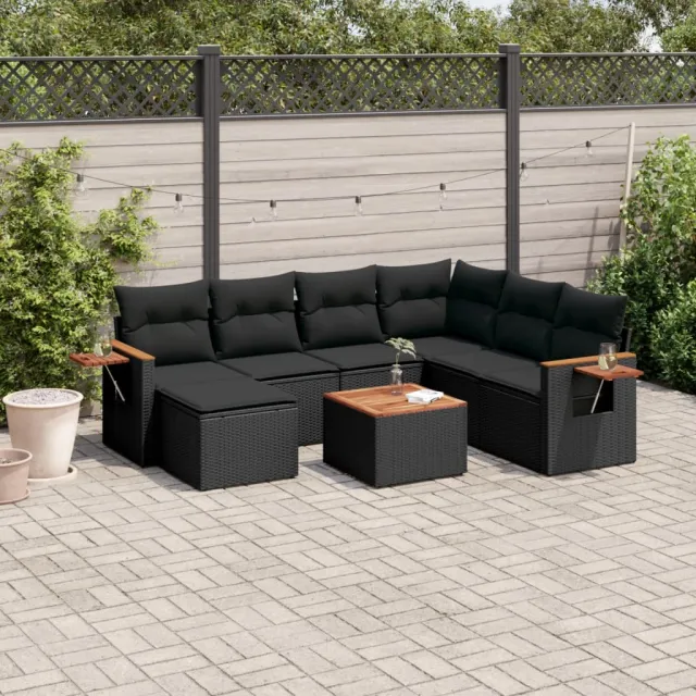 Salon de jardin 8 pcs avec coussins noir résine tressée