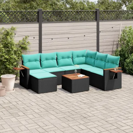Salon de jardin 8 pcs avec coussins noir résine tressée