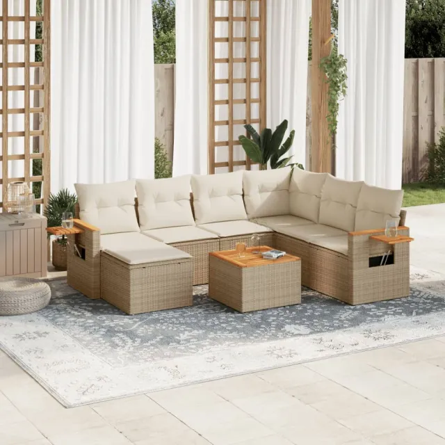 Salon de jardin avec coussins 8 pcs beige résine tressée