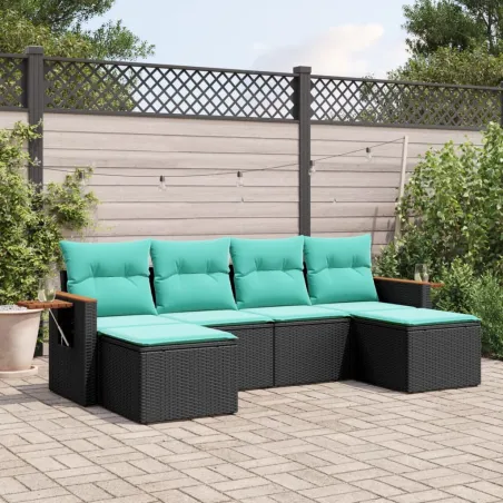 Salon de jardin 6 pcs avec coussins noir résine tressée