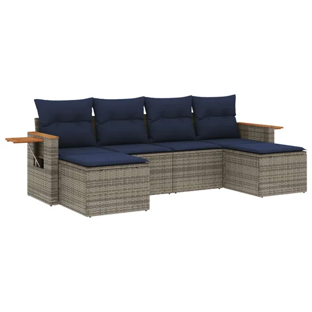 Salon de jardin 6 pcs avec coussins gris résine tressée