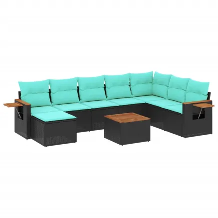 Salon de jardin 9 pcs avec coussins noir résine tressée 2