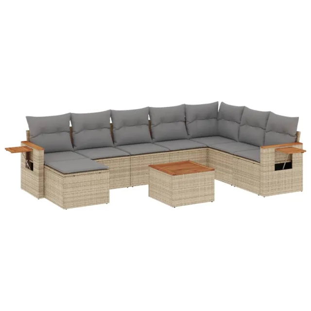 Salon de jardin avec coussins 9 pcs beige résine tressée