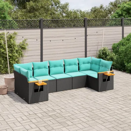 Salon de jardin 7 pcs avec coussins noir résine tressée