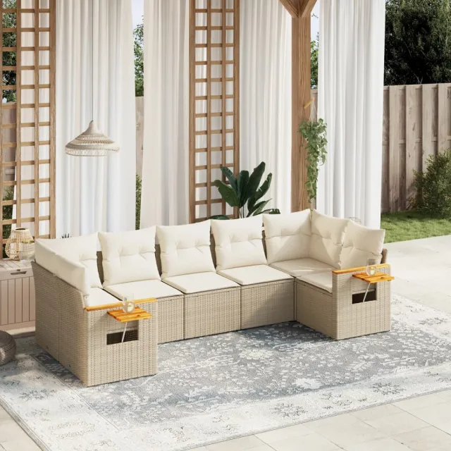 Salon de jardin avec coussins 7 pcs beige résine tressée