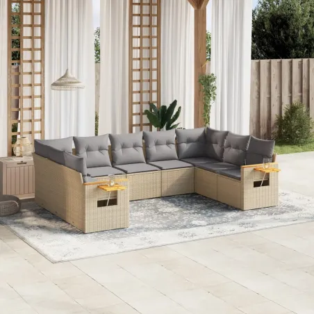 Salon de jardin avec coussins 9 pcs beige résine tressée