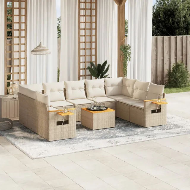 Salon de jardin avec coussins 10 pcs beige résine tressée