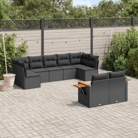Salon de jardin 9 pcs avec coussins noir résine tressée