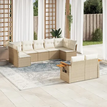 Salon de jardin avec coussins 9 pcs beige résine tressée