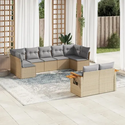 Salon de jardin avec coussins 9 pcs beige résine tressée