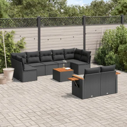 Salon de jardin 10 pcs avec coussins noir résine tressée