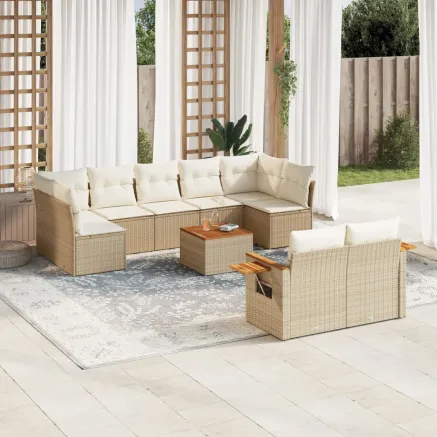 Salon de jardin avec coussins 10 pcs beige résine tressée