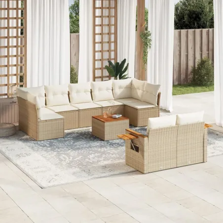 Salon de jardin avec coussins 10 pcs beige résine tressée