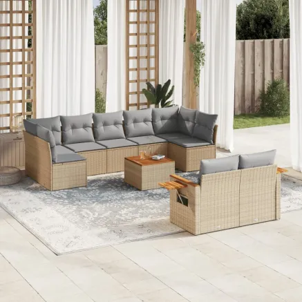 Salon de jardin avec coussins 10 pcs beige résine tressée