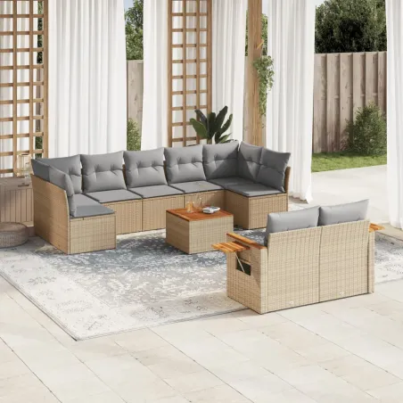 Salon de jardin avec coussins 10 pcs beige résine tressée