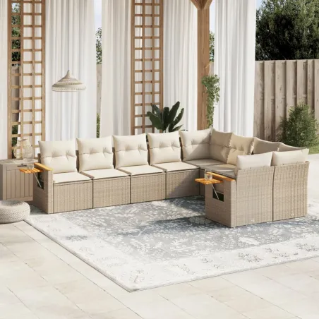Salon de jardin avec coussins 9 pcs beige résine tressée