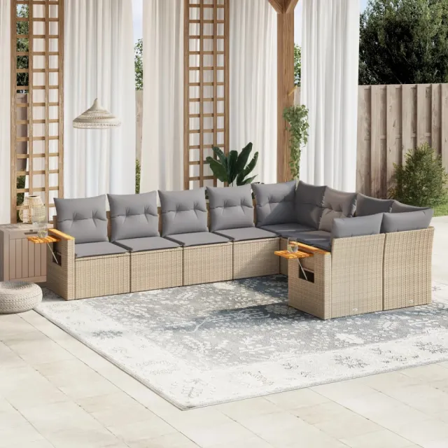 Salon de jardin avec coussins 9 pcs beige résine tressée