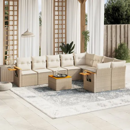 Salon de jardin avec coussins 10 pcs beige résine tressée
