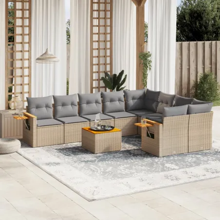 Salon de jardin avec coussins 10 pcs beige résine tressée