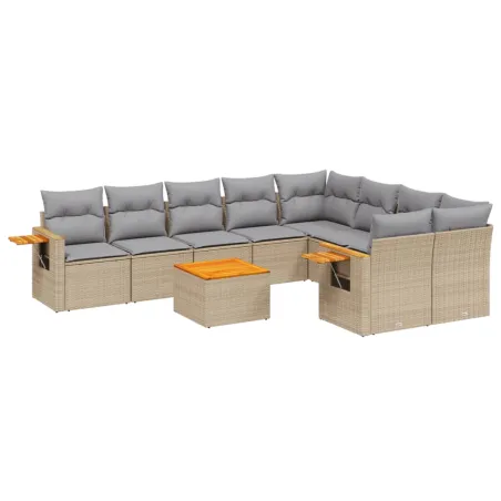 Salon de jardin avec coussins 10 pcs beige résine tressée