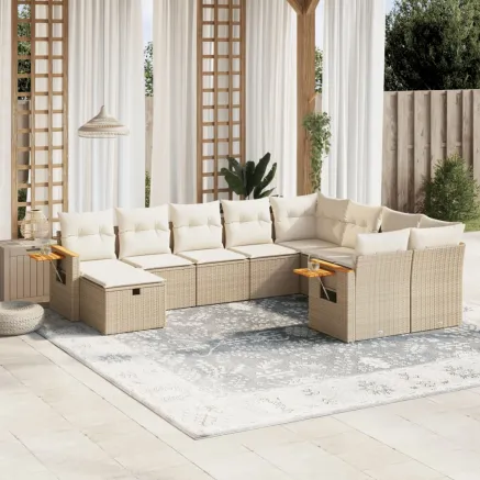 Salon de jardin avec coussins 10 pcs beige résine tressée