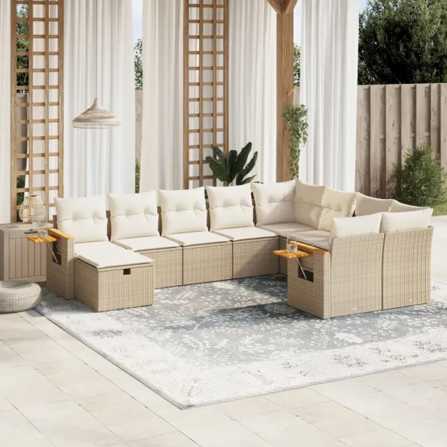 Salon de jardin avec coussins 10 pcs beige résine tressée