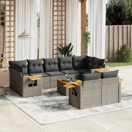Salon de jardin avec coussins 10 pcs gris résine tressée
