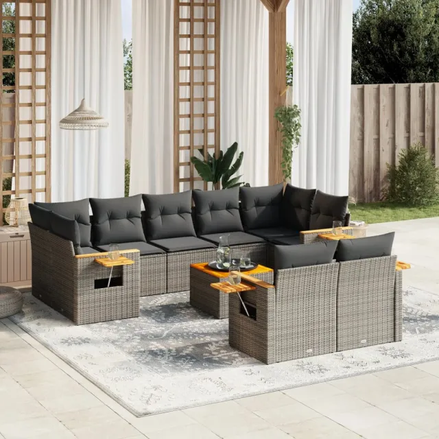 Salon de jardin avec coussins 10 pcs gris résine tressée
