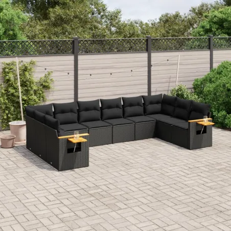 Salon de jardin 10 pcs avec coussins noir résine tressée