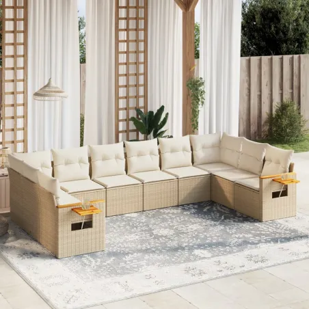 Salon de jardin avec coussins 10 pcs beige résine tressée