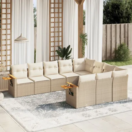 Salon de jardin avec coussins 10 pcs beige résine tressée