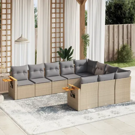Salon de jardin avec coussins 10 pcs beige résine tressée