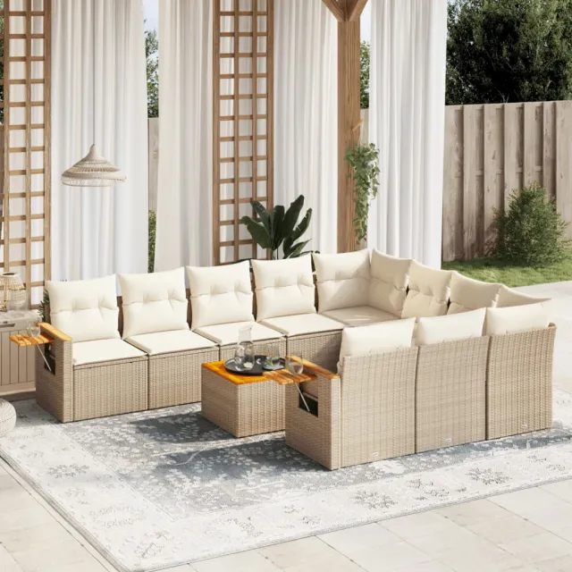 Salon de jardin 11 pcs avec coussins beige résine tressée