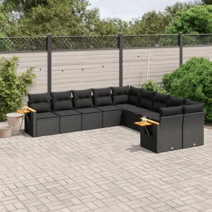 Salon de jardin 10 pcs avec coussins noir résine tressée