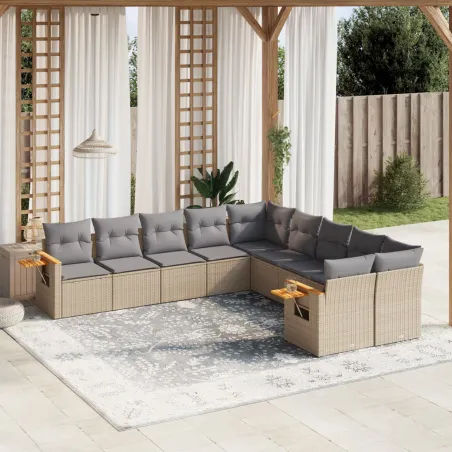 Salon de jardin avec coussins 10 pcs beige résine tressée