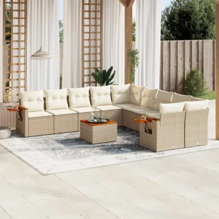 Salon de jardin 11 pcs avec coussins beige résine tressée