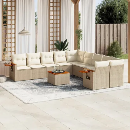Salon de jardin 11 pcs avec coussins beige résine tressée