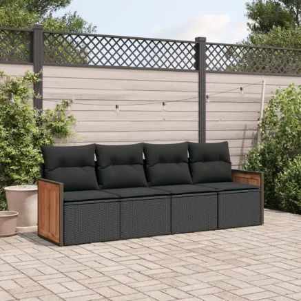Salon de jardin 4 pcs avec coussins noir résine tressée