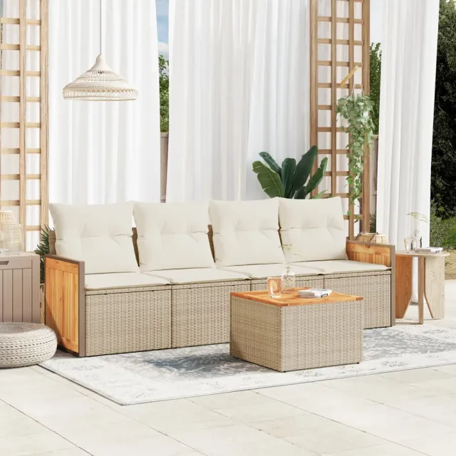 Salon de jardin avec coussins 5 pcs beige résine tressée