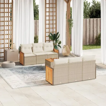 Salon de jardin avec coussins 7 pcs beige résine tressée