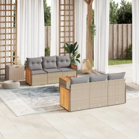 Salon de jardin avec coussins 7 pcs beige résine tressée