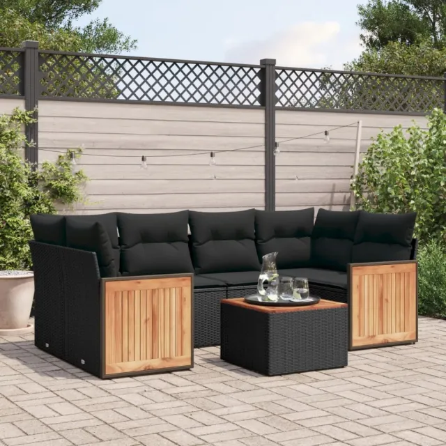 Salon de jardin 7 pcs avec coussins noir résine tressée