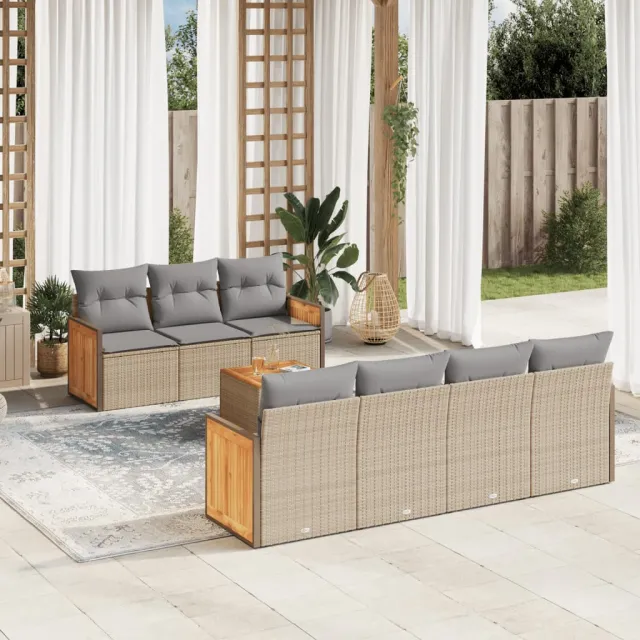Salon de jardin avec coussins 8 pcs beige résine tressée