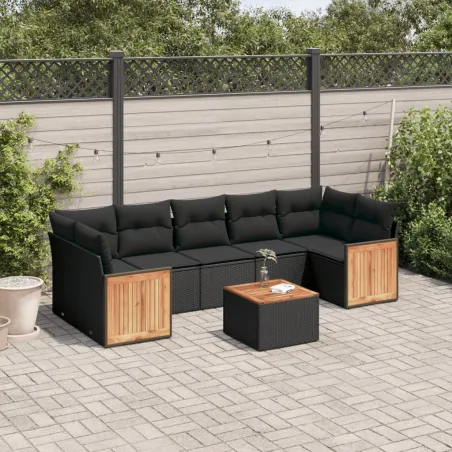 Salon de jardin 8 pcs avec coussins noir résine tressée