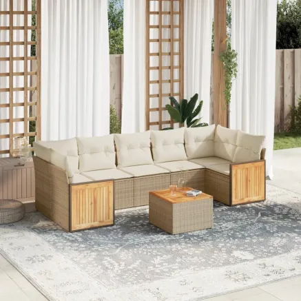 Salon de jardin avec coussins 8 pcs beige résine tressée