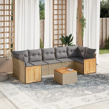 Salon de jardin avec coussins 8 pcs beige résine tressée