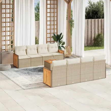 Salon de jardin avec coussins 9 pcs beige résine tressée