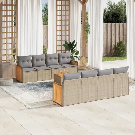 Salon de jardin avec coussins 9 pcs beige résine tressée