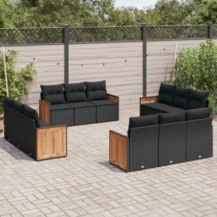 Salon de jardin 12 pcs avec coussins noir résine tressée