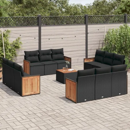 Salon de jardin avec coussins 13 pcs noir résine tressée
